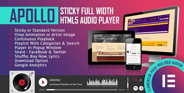 Apollo - 悬浮全宽HTML5音频播放器Elementor插件