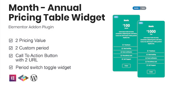  Month - Annual Pricing Table Widget For Elementor